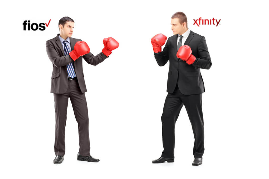 xfinity vs fios represented by boxers in suits