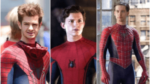 Andrew Garfield, Tom Holland, and Tobey Maguire as Spider-Man