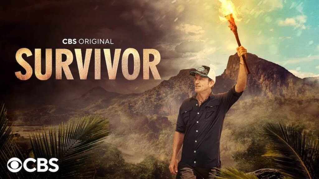 show logo for Survivor with host holding torch