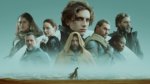 The cast of Dune over a silhouetted man walking across the desert