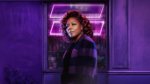 Female african american actor over purple neon equal sign