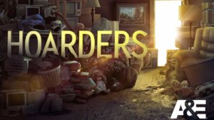 Hoarders logo over room full of junk