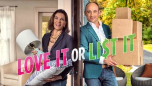 Show logo with couple holding moving boxes and furniture