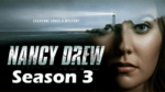 Nancy drew show logo over actors face and shadowy light house image