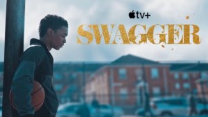 teen leaning on basketball post next to Swagger show logo