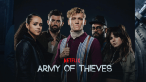 Centra actors from army of thieves look at camera behind logo
