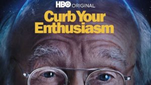 Show title Curb your enthusiasm on forehead of Larry David