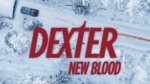 Show logo text Dexter New Blood over of aerial shot of a truck leaving a blood trail in snow