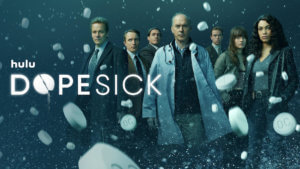 The cast of Dopesick series with pills and logo floating over them