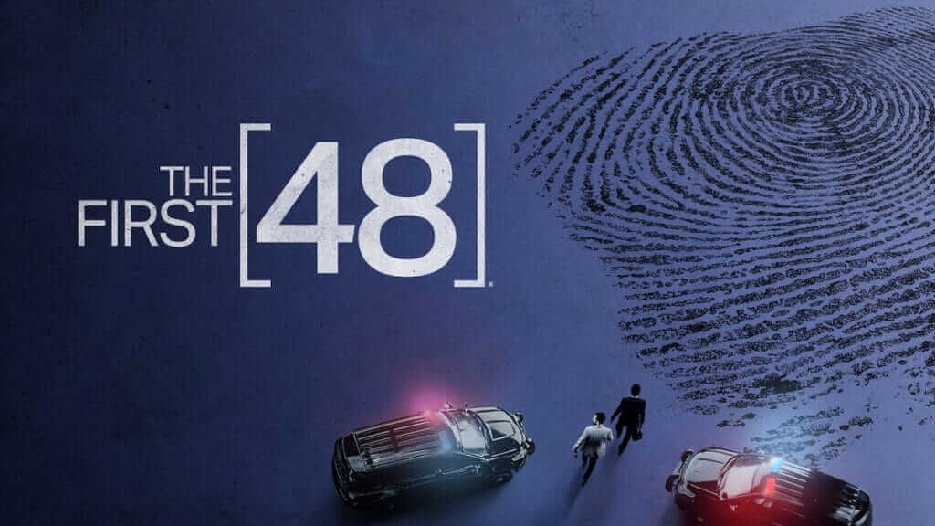 Show logo for The First 48 over a snowy crime scene viewed from above as a giant fingerprint