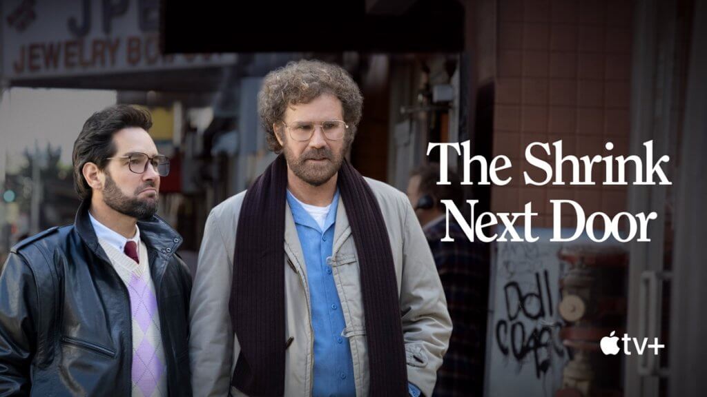 Actors Paul Rudd and Will Farrell with text The Shrink Next Door