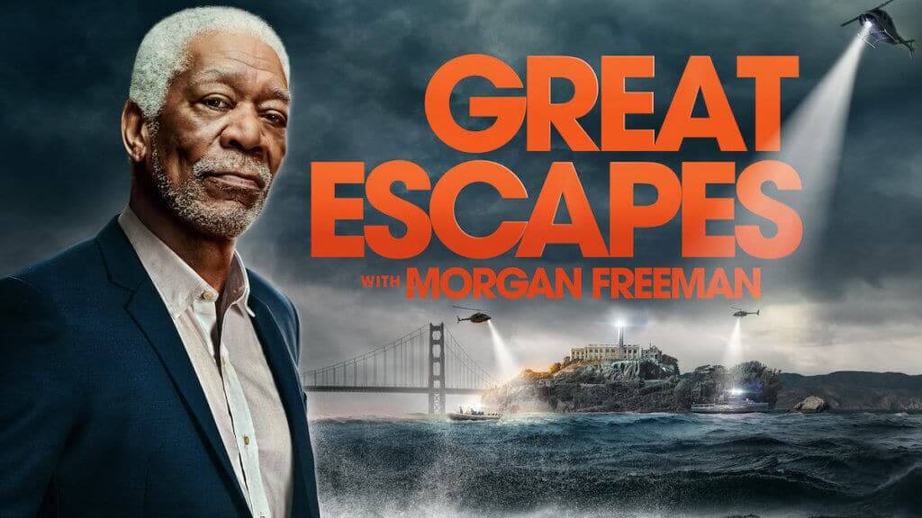 Actor Morgan Freeman shown in front of the outline of Alcatraz 