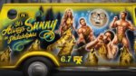 Main characters painted as fantasy cave people on side of a retro yellow van.