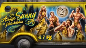 Main characters painted as fantasy cave people on side of a retro yellow van.