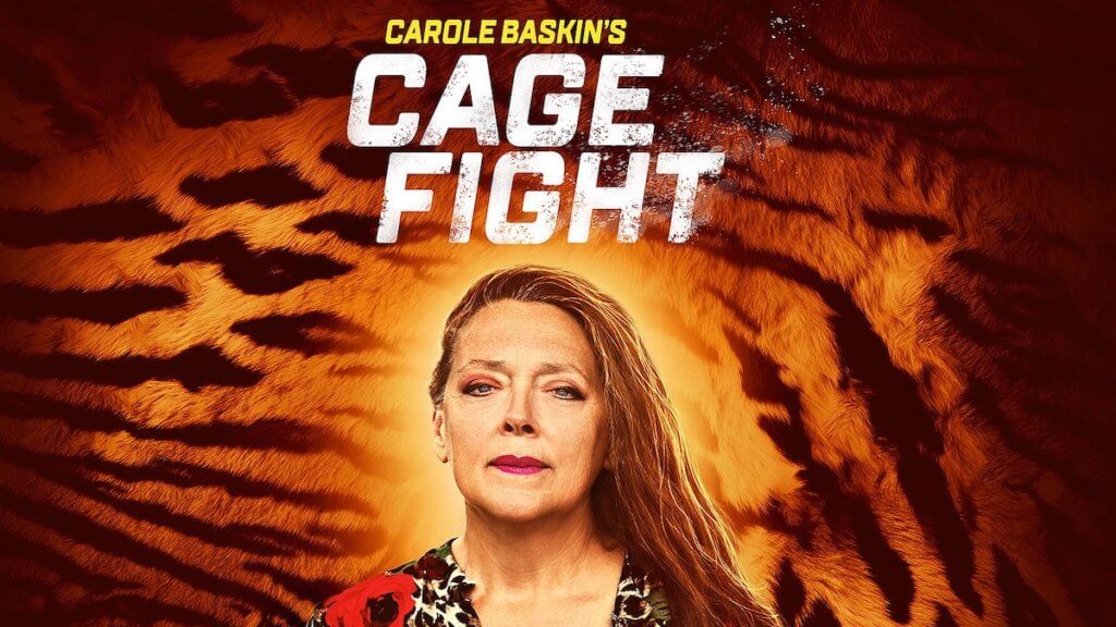 Carole Baskin over tiger skin background and cage fight logo