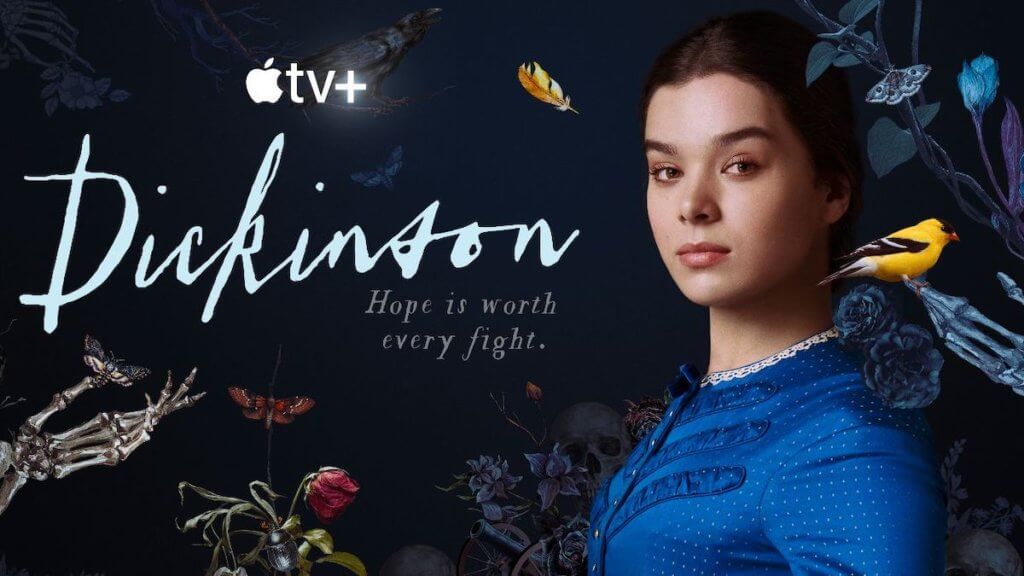 Dickinson show title and actor portraying Emily Dickinson looking at camera