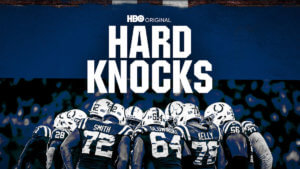 Indianapolis Colts in a huddle under the Hard Knocks logo