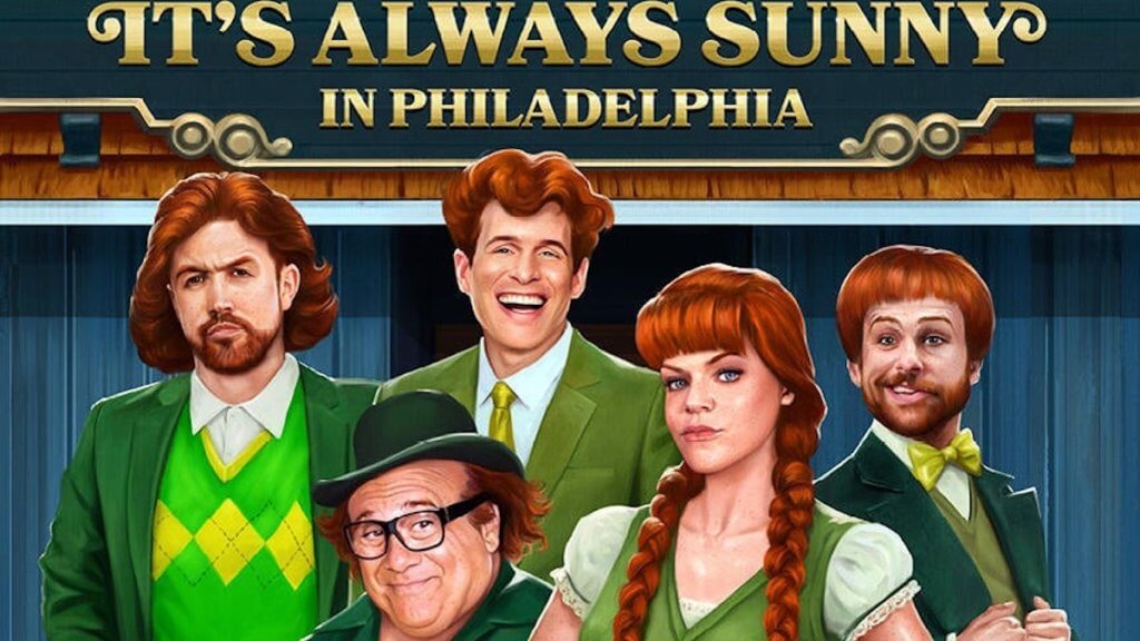 Cartoon representation of the cast of the show in irish costumes