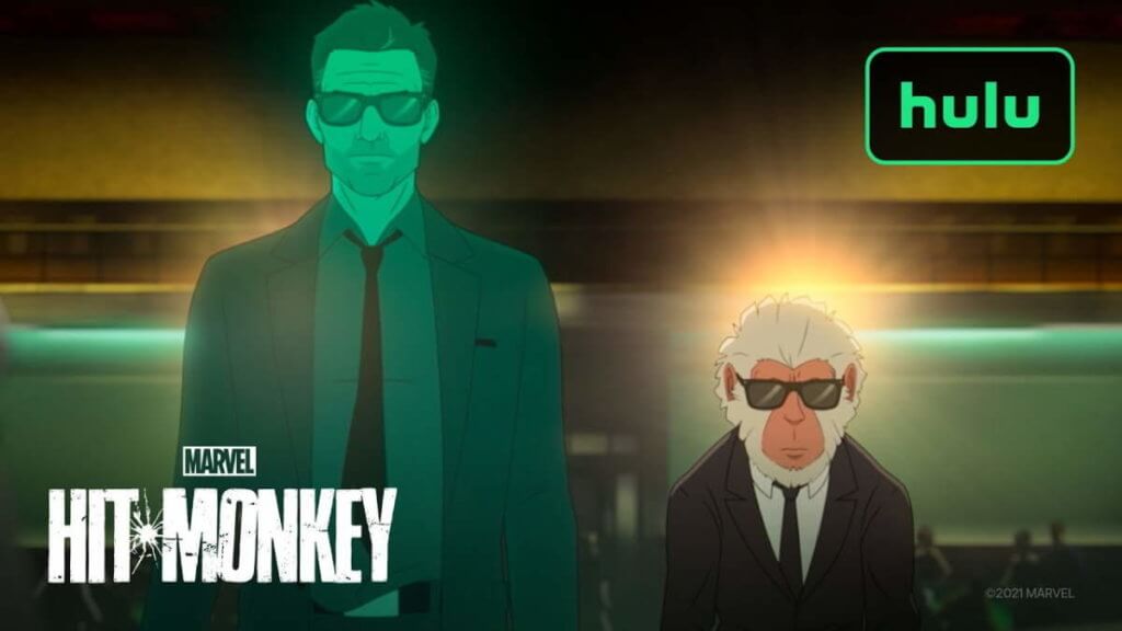 An animated ghost and monkey, both in suits and sunglasses 