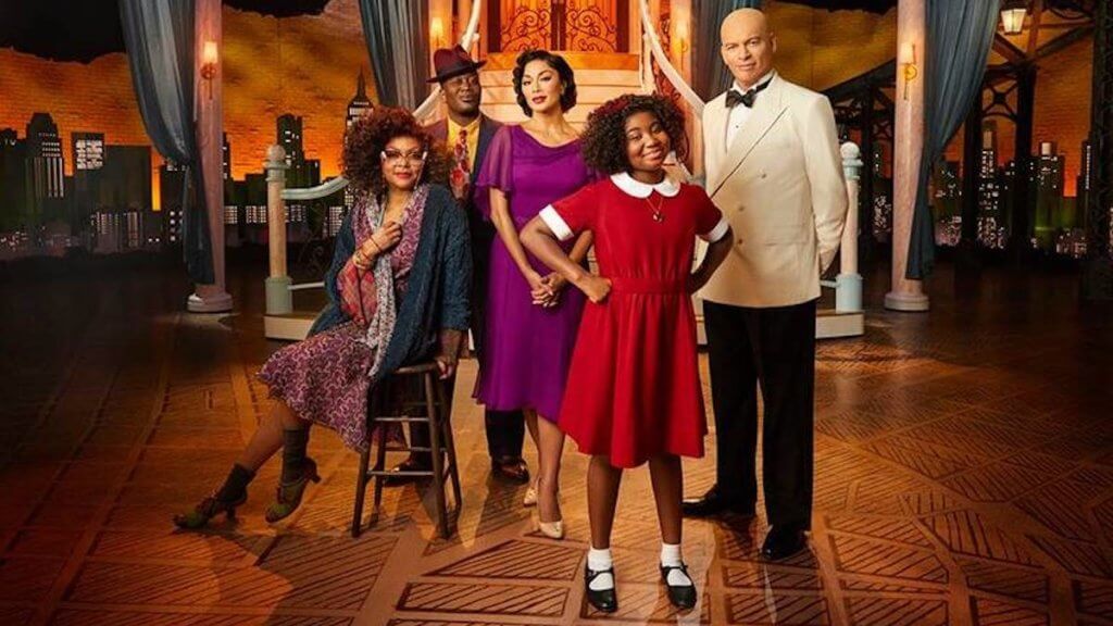 The lead cast of Annie Live on set 