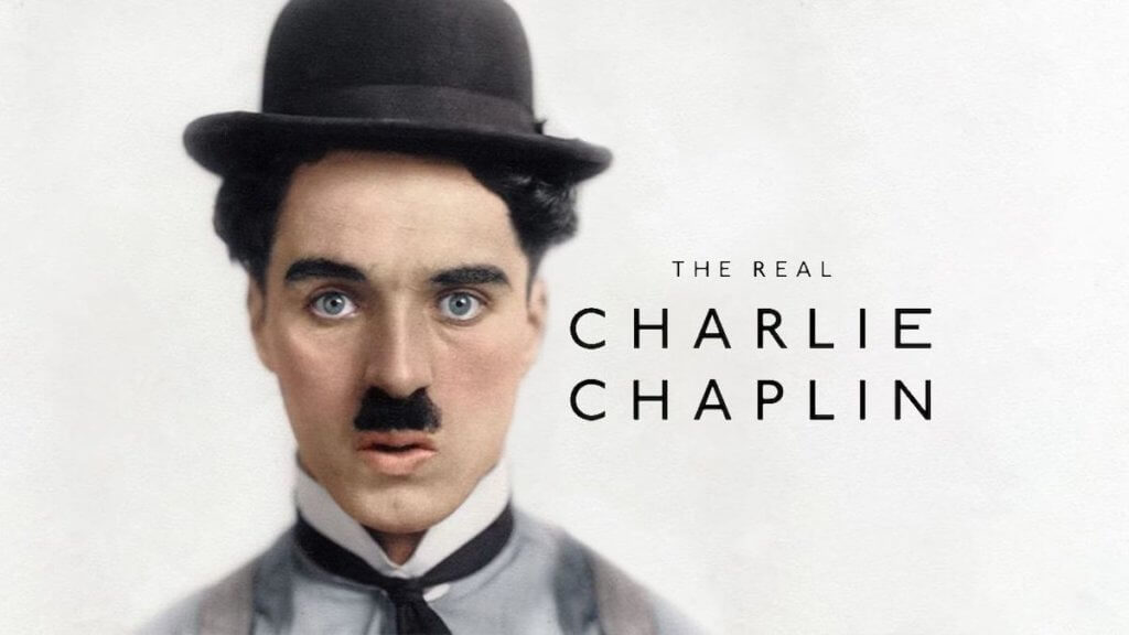 A colorized portrait of Charlie Chaplin next to title card