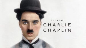 A colorized portrait of Charlie Chaplin next to title card
