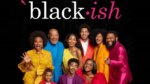 An African American family in bold bright colors under the logo Blackish