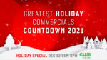Red and white title card for Greatest holiday Commercials Countdown 2021