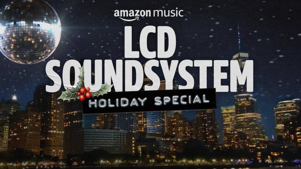 City skyline at night under logo for LCD Soundsystem holiday special
