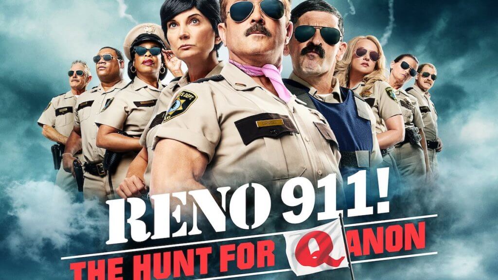 The cast of Reno 911! over a story ocean sky