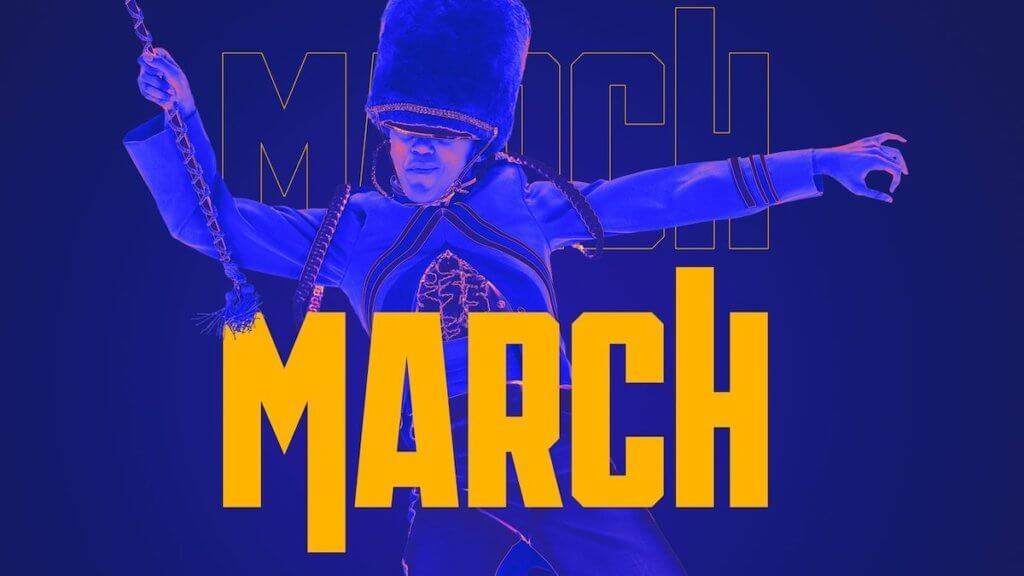 A band leader dancing in blue chromatic colors behind word MARCH