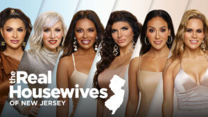 Six Real housewives of new jersey stand in a row facing the camera