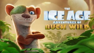 An animated weasel with an eye patch faces the camera in a prehistoric jungle