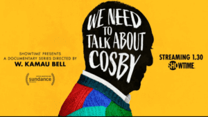 The title "We Need to Talk about Cosby" is inset in the silhouette of a man's head with a patchwork sweater below