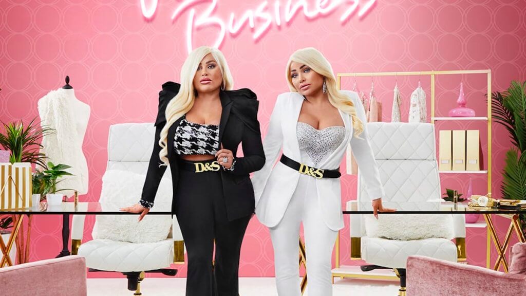 Two blond women in designer suits in a pink and white studio office