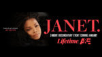 A close up of janet jackson next to documentary title