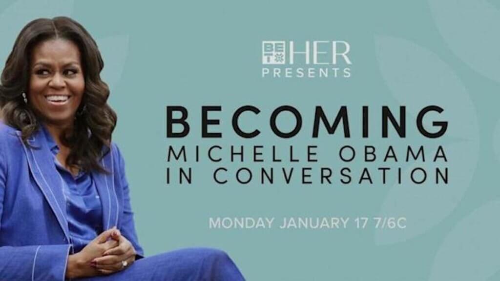 Michelle Obama seated, blue background and title next to her