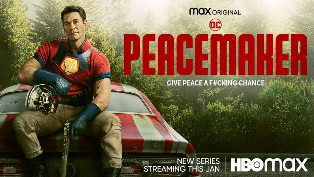 A man in a superhero costume sits on the hood of a car next to the title the Peacemaker