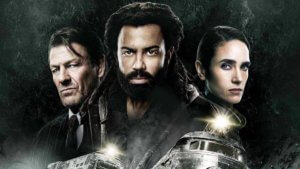 Three actors heads floating over snowy futuristic train