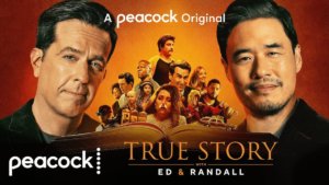 Ed Helms and Randall Park flanking an open book with a collage of people in it.