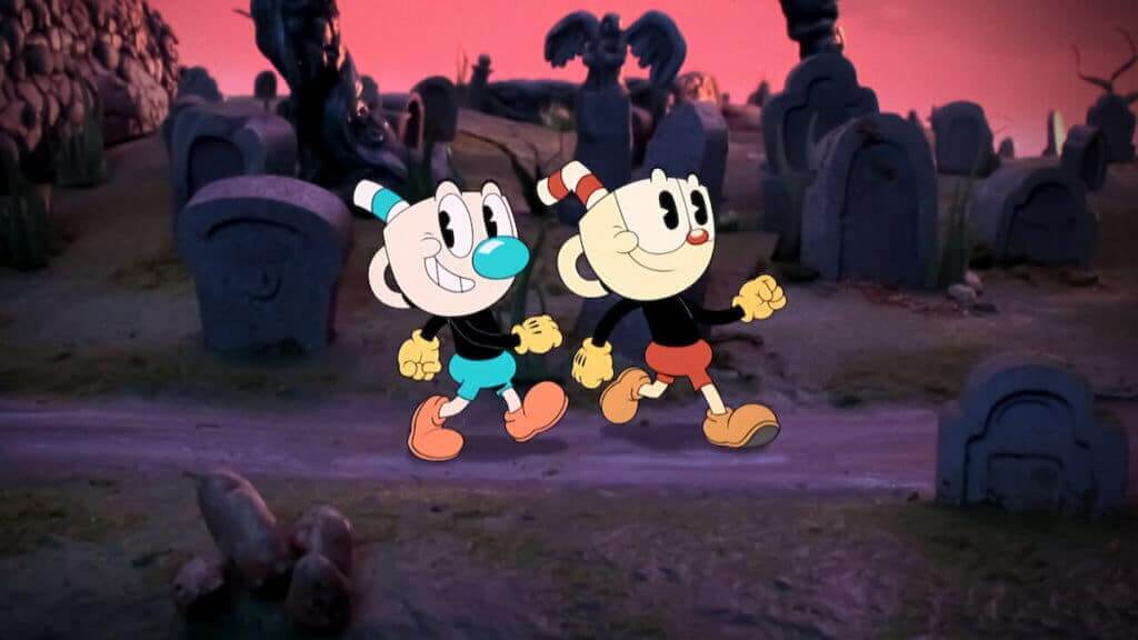 two animated cups walk down a graveyard path