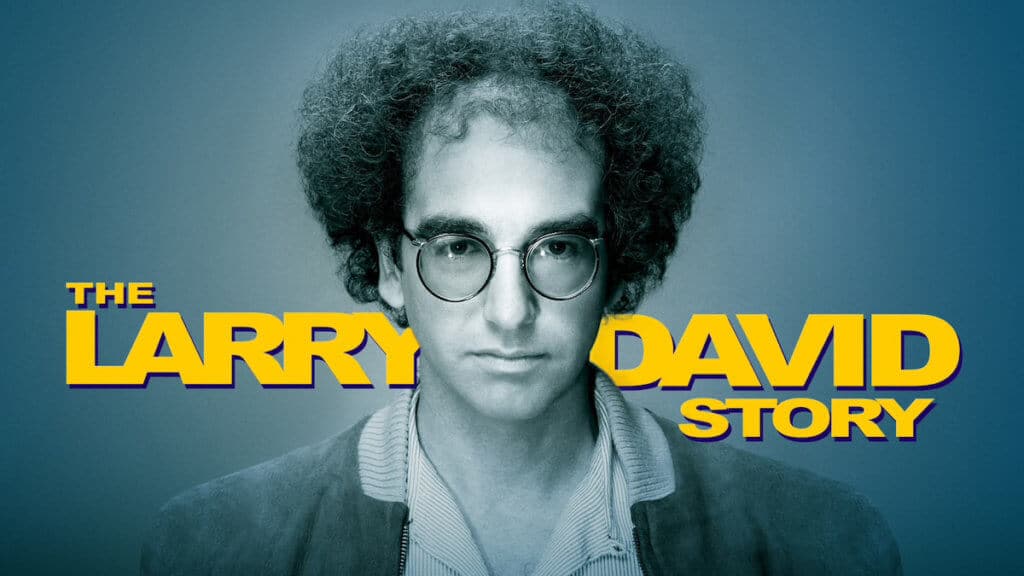 Black and white 1970s portrait of a man in glasses with the logo The Larry David Story