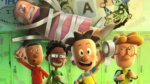 a group of animated kids lifting up a teacher wrapped in toilet paper