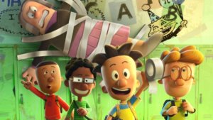 a group of animated kids lifting up a teacher wrapped in toilet paper