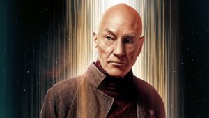 Sir Patrick Stewart looks out from space beyond the camera