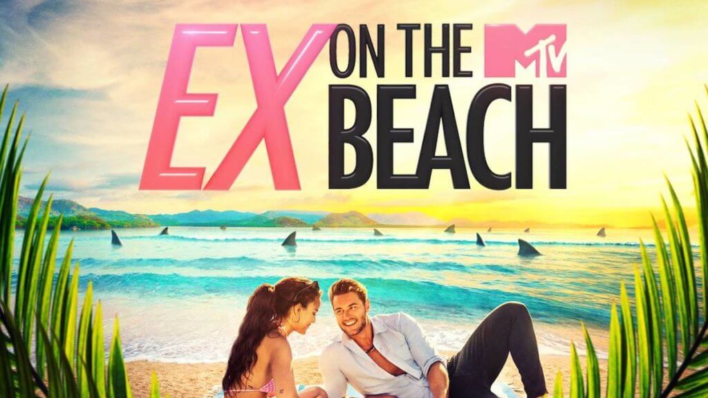 A couple lounging on the beach under text Ex on the Beach