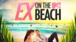 A couple lounging on the beach under text Ex on the Beach