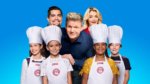 Chef gordon ramsay with two judges and four child chefs