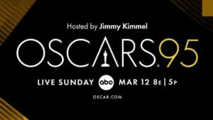 The logo for the Oscars 95th with a small statuette in the A.