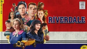 The cast of Riverdale collaged to look like an old Archie comic